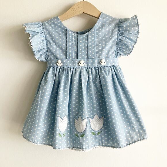 Unbranded Other - VTG Girls 2T Tulip Dress Applique Ruffle Pintuck Buttons Tie Blue Print 70s 80s